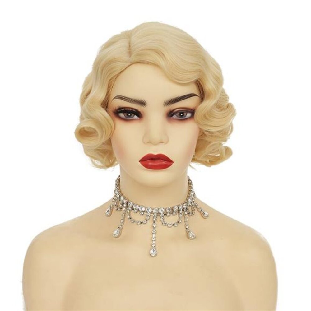 Women Blonde Curly Wig Short 20s 30s Finger Wave Retro Wave Synthetic Fancy - Picture 2 of 7